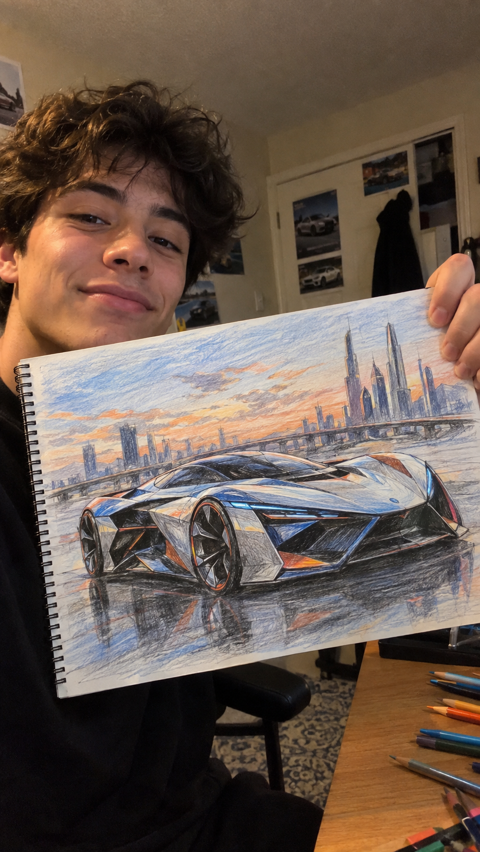 Futuristic car sketch, pencil, 20 hours
